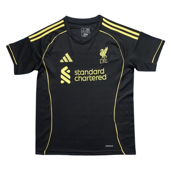 Liverpool 25/26 home soccer jersey with black and yellow design, Adidas logo, and club crest.