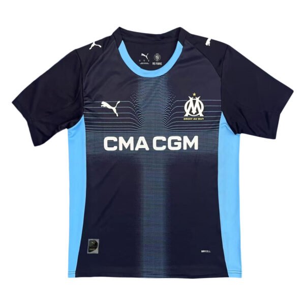 Training soccer jersey with OM logo and blue accents.