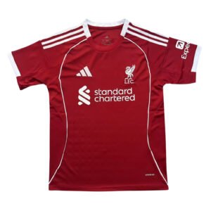 Red Liverpool 25/26 training soccer jersey with club logo and sponsor details.