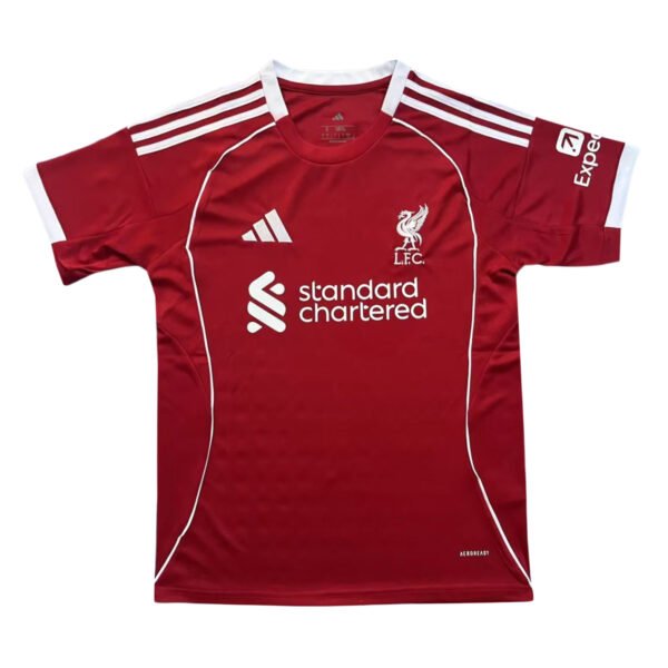 Red Liverpool 25/26 training soccer jersey with club logo and sponsor details.