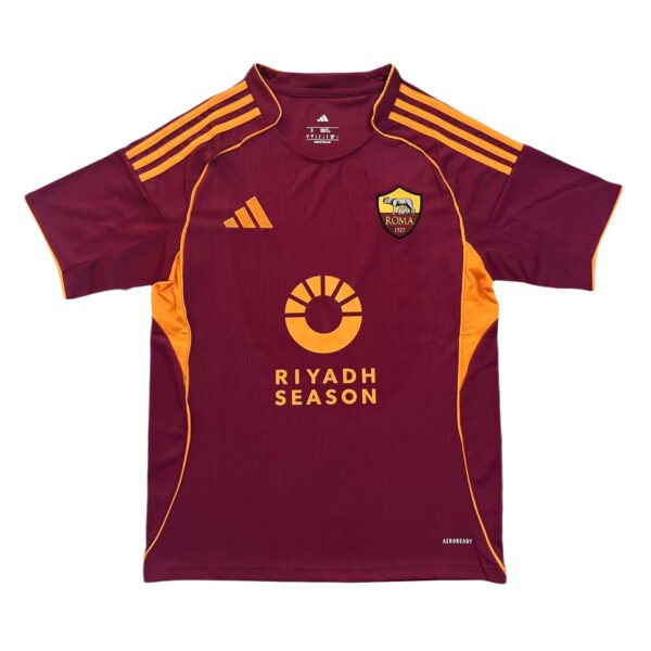 Training soccer jersey for Roma's 25/26 season, featuring team logo and vibrant colors.