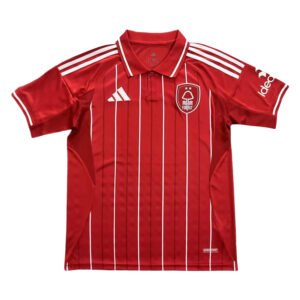 Manchester United third soccer jersey for 2025/26 season, red with white stripes.