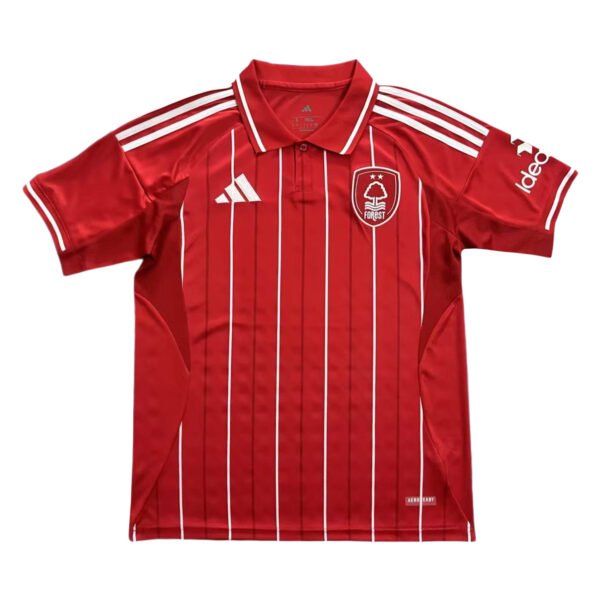 Manchester United third soccer jersey for 2025/26 season, red with white stripes.