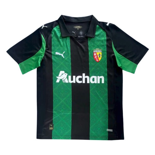 High-quality Pisa 25/26 home soccer jersey with green and black stripes, featuring the RC Lens logo.