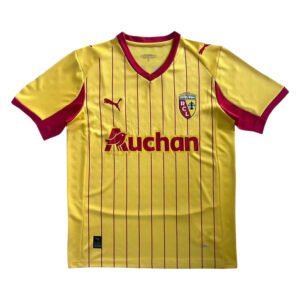Pisa FC 25/26 home jersey with yellow base and red pinstripes, featuring Puma logo and Auchan sponso.