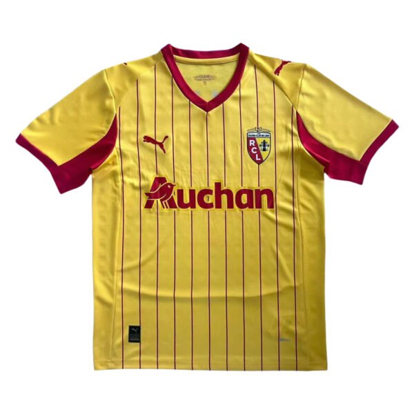 Pisa FC 25/26 home jersey with yellow base and red pinstripes, featuring Puma logo and Auchan sponso.