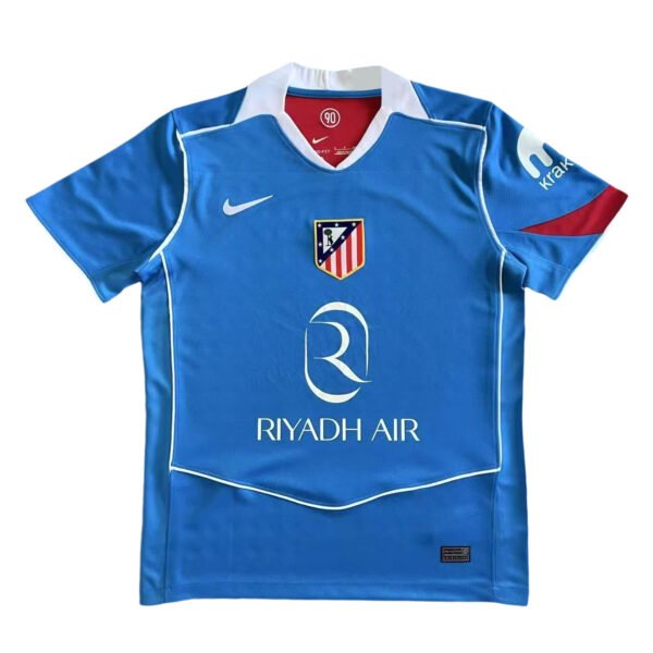 Blue Atlético Madrid training jersey for 25/26 season with Riyadh Air sponsor.
