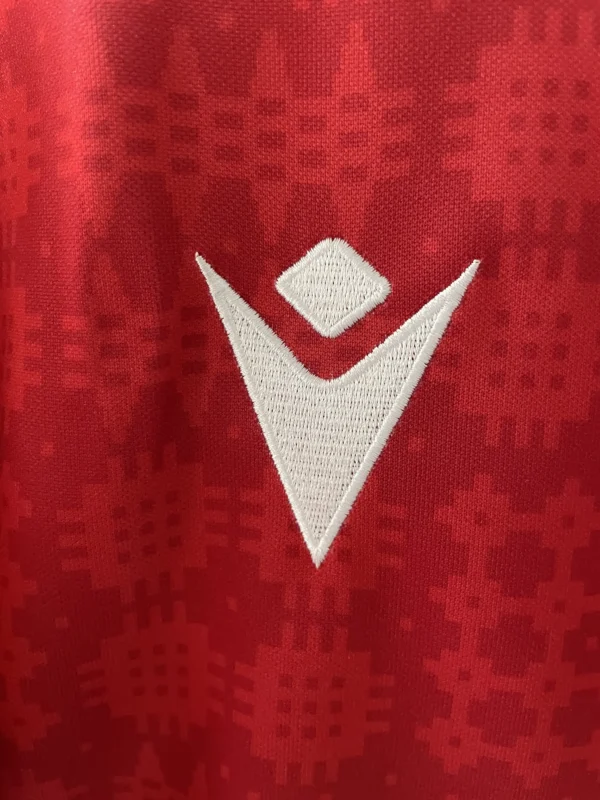 Sports jersey with logo and red patterned fabric background. Sports jersey logo, athletic wear, sports apparel, performance clothing, activewear, sports kit.