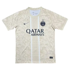 Paris Saint-Germain 2023/24 Away Jersey Paris Saint-Germain away football jersey with Qatar Airways sponsor, beige color, and club crest.