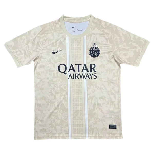 Paris Saint-Germain away football jersey with Qatar Airways sponsor, beige color, and club crest.
