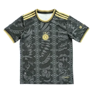 Sports Jersey with Black and Gold Design and Sun Emblem Black and gold sports jersey with sun emblem, intricate patterns, and athletic style.