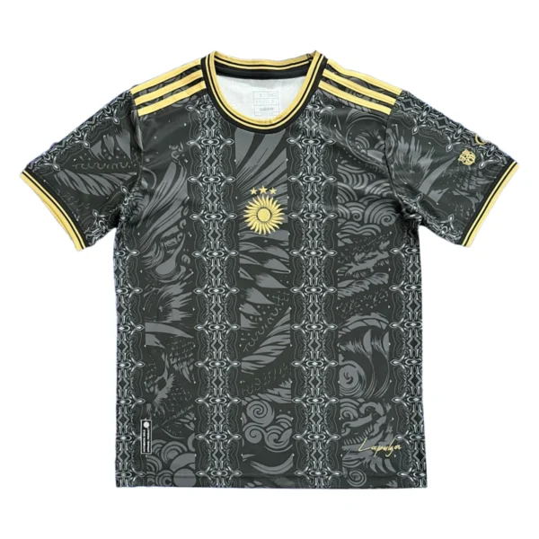Sports Jersey with Black and Gold Design and Sun Emblem Black and gold sports jersey with sun emblem, intricate patterns, and athletic style.