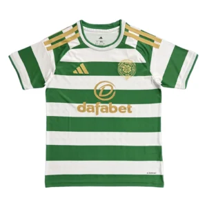 Sports Jersey with Green and White Stripes for Celtic FC Official Celtic FC green and white striped sports jersey with gold accents and sponsor logo.