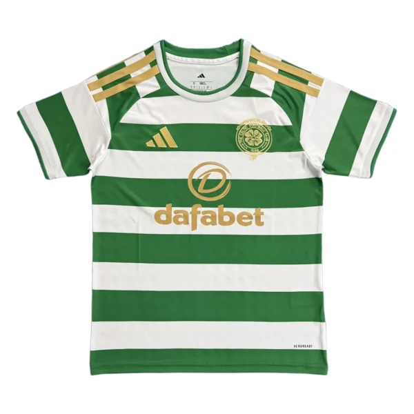 Sports Jersey with Green and White Stripes for Celtic FC Official Celtic FC green and white striped sports jersey with gold accents and sponsor logo.