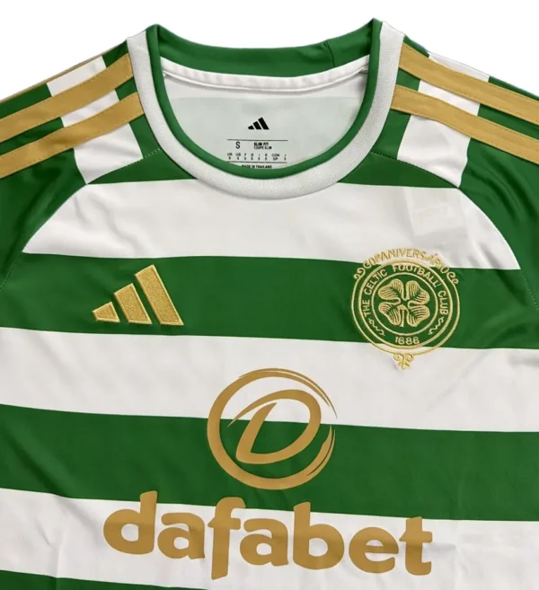 Celtic FC 125th Anniversary Football Jersey Celtic FC 125th anniversary football jersey with green and white stripes and gold accents.