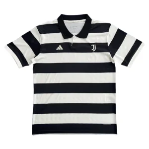 Juventus Black and White Striped Soccer Jersey Juventus black and white striped soccer jersey with Adidas logo and club crest.