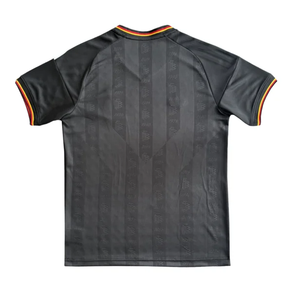 Sports Jersey with German Flag Accents Black sports jersey with German flag accents on collar and sleeves, ideal for athletic wear.