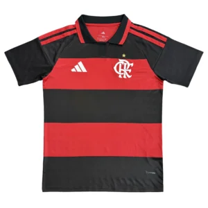 Soccer Jersey with Red and Black Stripes Official soccer jersey featuring red and black horizontal stripes, Adidas logo, and team crest.