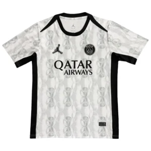 Paris Saint-Germain Soccer Jersey with Qatar Airways sponsorship, white with black accents. Paris Saint-Germain soccer jersey with Qatar Airways sponsorship, featuring a stylish white and blac.