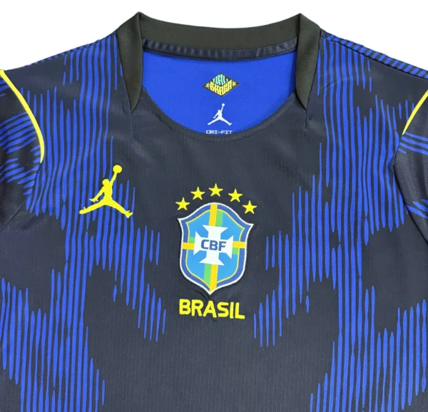 Brazil National Football Team Jersey - Blue and Yellow Design Brazil national football team jersey with blue and yellow accents, featuring team logo and star deta.