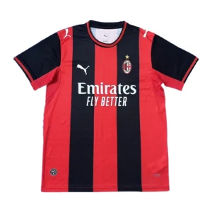 AC Milan Home Football Jersey AC Milan official home football jersey with red and black vertical stripes, Puma logo, and club cres.