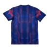 Athletic sports T-shirt with vibrant geometric pattern in blue and red for activewear and sports.
