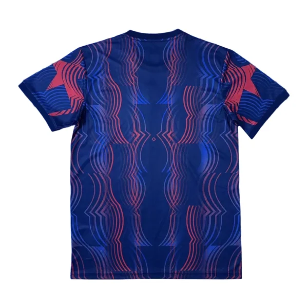 Athletic sports T-shirt with vibrant geometric pattern in blue and red for activewear and sports.