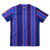 Football Jersey with Blue and Red Stripes Blue and red striped football jersey with team logo and sponsor details.