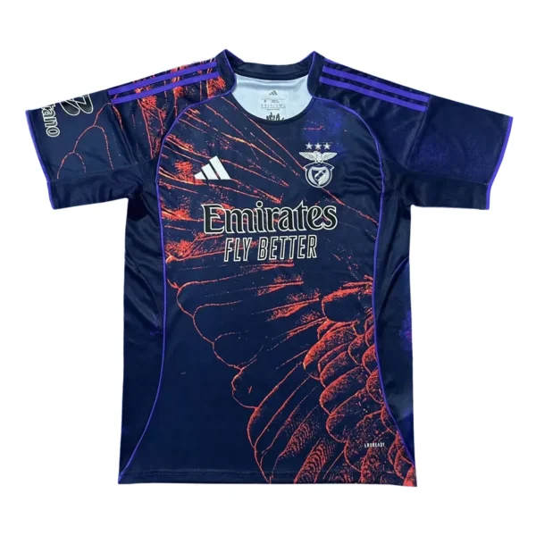 Sports jersey with butterfly design and team logo. Athletic soccer jersey featuring butterfly artwork and team branding.