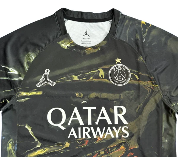 Paris Saint-Germain football jersey with Qatar Airways sponsorship and Paris logo. Paris Saint-Germain jersey with Qatar Airways sponsorship and Paris logo.