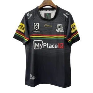 Athletic sports jersey featuring team logos, sponsor branding, and vibrant colors for sports enthusi.