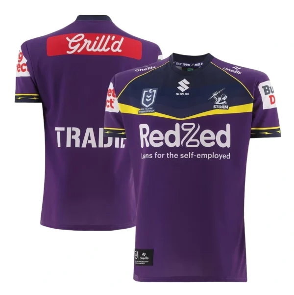 Sports team jersey with purple and yellow accents for activewear and fan apparel. Activewear sports jersey featuring purple, yellow, and sponsor logos for team fans and athletes.