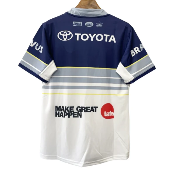 Toyota Sports Jersey - Blue and White with Sponsorship Logos Blue and white Toyota sports jersey with sponsor logos and "Make Great Happen" slogan.