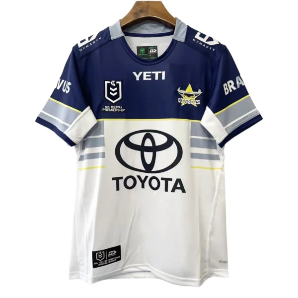 Sports team jersey with Dallas Cowboys logo and Toyota sponsorship. High-quality Dallas Cowboys football jersey featuring Toyota branding and team logos.