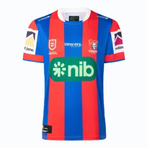 Football jersey with red and blue vertical stripes, featuring sponsor logos and team emblem.