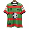 Sports Jersey with Green and Red Stripes for Soccer Fans Soccer jersey featuring green and red horizontal stripes, with various sponsor logos and a prominent.