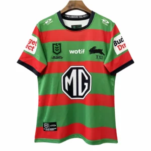 Soccer jersey featuring green and red horizontal stripes, with various sponsor logos and a prominent.