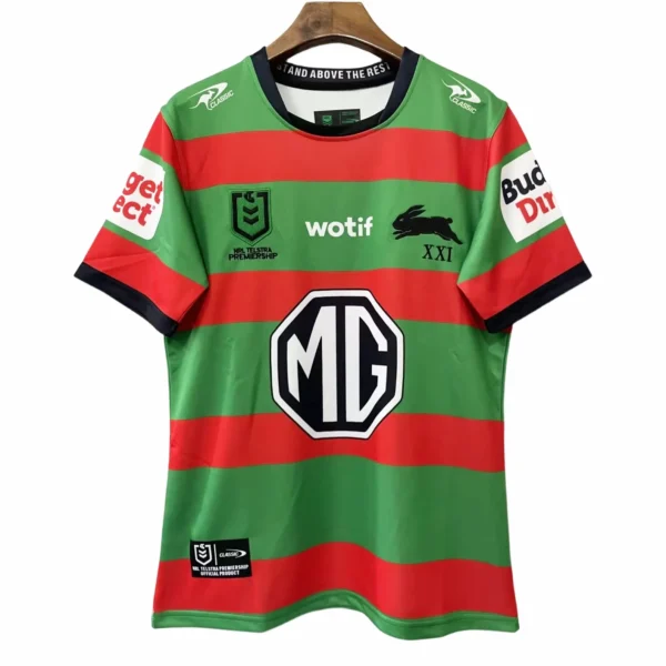 Sports Jersey with Green and Red Stripes for Soccer Fans Soccer jersey featuring green and red horizontal stripes, with various sponsor logos and a prominent.