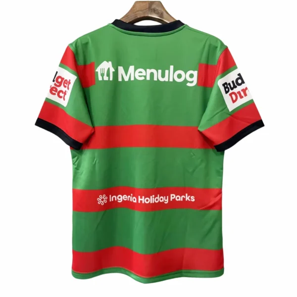Menulog Sponsored Sports Jersey with Holiday Parks Logo Menulog sponsored sports jersey featuring holiday parks branding and vibrant green and red stripes.