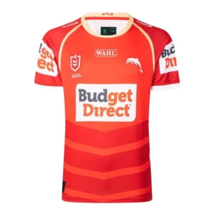 Red sports jersey with Budget Direct logo, ideal for rugby and soccer teams.