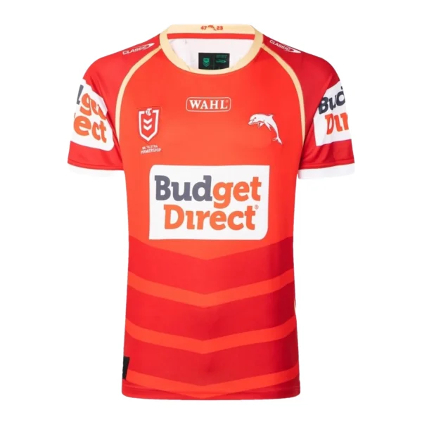 Budget Direct Sports Jersey for Rugby and Soccer Teams Red sports jersey with Budget Direct logo, ideal for rugby and soccer teams.