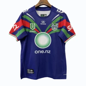 New Zealand Warriors rugby jersey with team logos and sponsor branding.