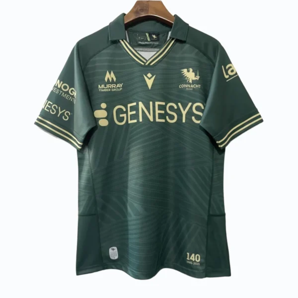 High-quality green sports jersey featuring gold accents, ideal for activewear and sports enthusiasts.