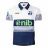 Sports Jersey with Blue and White Design for Rugby and Soccer High-quality rugby and soccer jersey featuring blue and white stripes, sponsor logos, and a comforta.