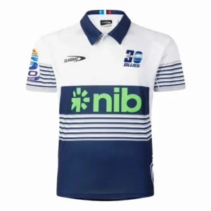 Sports Jersey with Blue and White Design for Rugby and Soccer High-quality rugby and soccer jersey featuring blue and white stripes, sponsor logos, and a comforta.