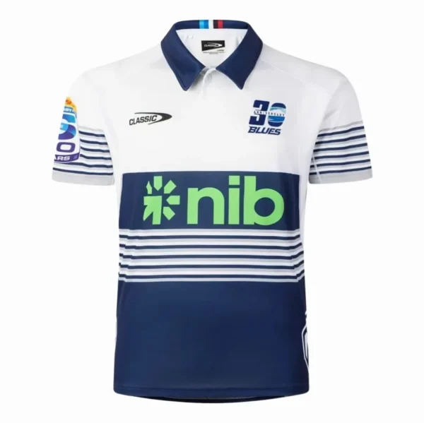 Sports Jersey with Blue and White Design for Rugby and Soccer High-quality rugby and soccer jersey featuring blue and white stripes, sponsor logos, and a comforta.