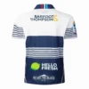 Barfoot & Thompson Rugby Jersey Rugby jersey with sponsor logos, blue and white striped design, short sleeves.