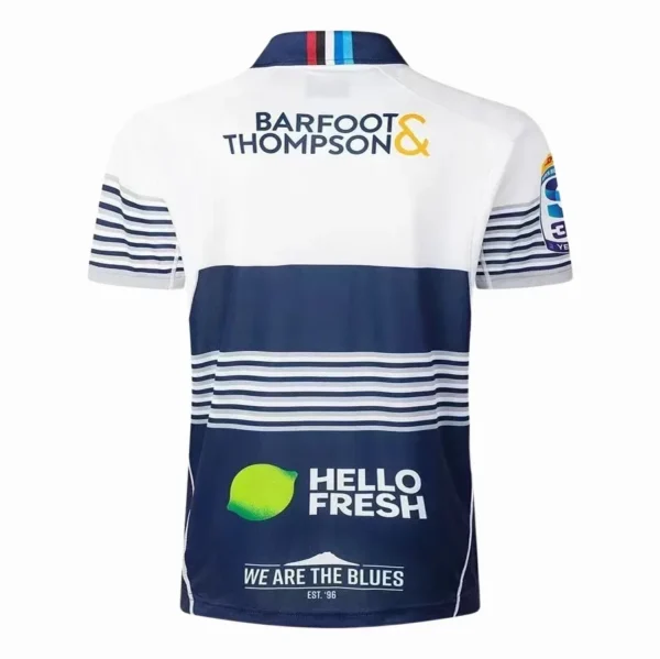 Barfoot & Thompson Rugby Jersey Rugby jersey with sponsor logos, blue and white striped design, short sleeves.
