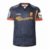 Sports jersey with Maori-inspired design and sponsor logos, ideal for rugby fans. Rugby jersey featuring Maori art design, sponsor logos, and team emblem for sports enthusiasts.
