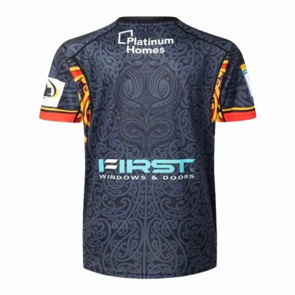 Sports jersey with intricate tribal design and sponsor logos. Sports jersey with tribal pattern, sponsor logos, and vibrant colors.
